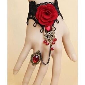 Red Rose Black Lace Gothic Baddie Wristband Chain with Adjustable Ring